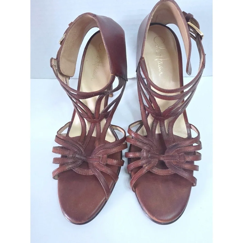 Cole Haan Verona N1ke Air T-strap Caged Heels 7.5 Brown Leather Wood Heel Buckle